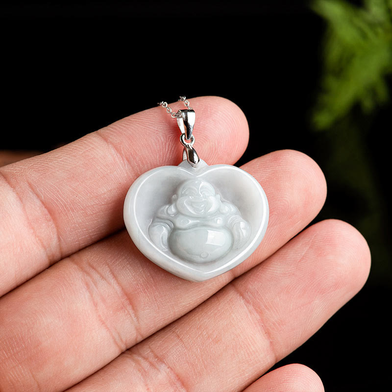 Colgante de plata de ley 925 con Buddha Stones , diseño de Buda sonriente, jade blanco, bendición de la suerte - image 5