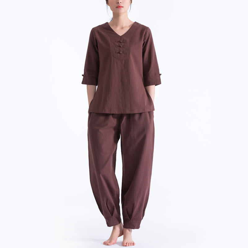 Conjunto de ropa de lino y algodón con diseño de cuello en V para mujer, uniforme de práctica Zen, Buddha Stones, Yoga, meditación y oración