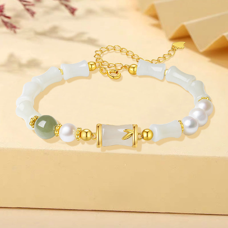 Pulsera de bendición de la suerte de bambú de jade blanco hetiano natural de plata de ley 925 con Buddha Stones