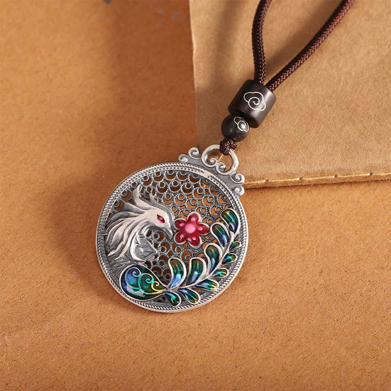Collar con colgante de plata de ley 990 con Buddha Stones , diseño de fénix y protección de la suerte