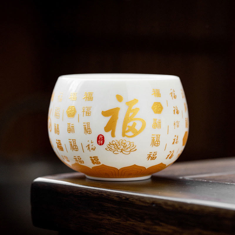 Taza de té y platillo con tapa, taza de té de cerámica Gaiwan, Sutra de corazón budista con Buddha Stones, pequeño personaje Fu