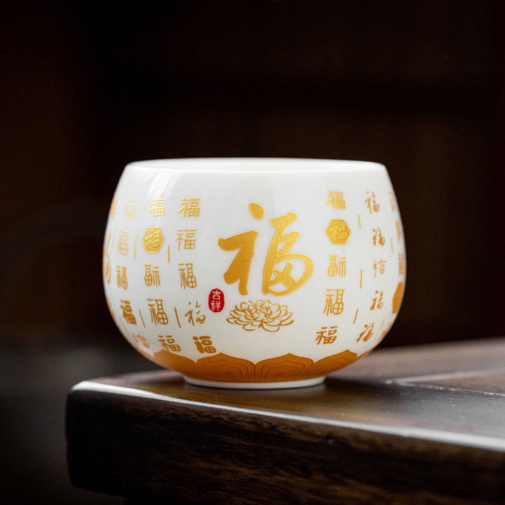 Taza de té y platillo con tapa, taza de té de cerámica Gaiwan, Sutra de corazón budista con Buddha Stones, pequeño personaje Fu