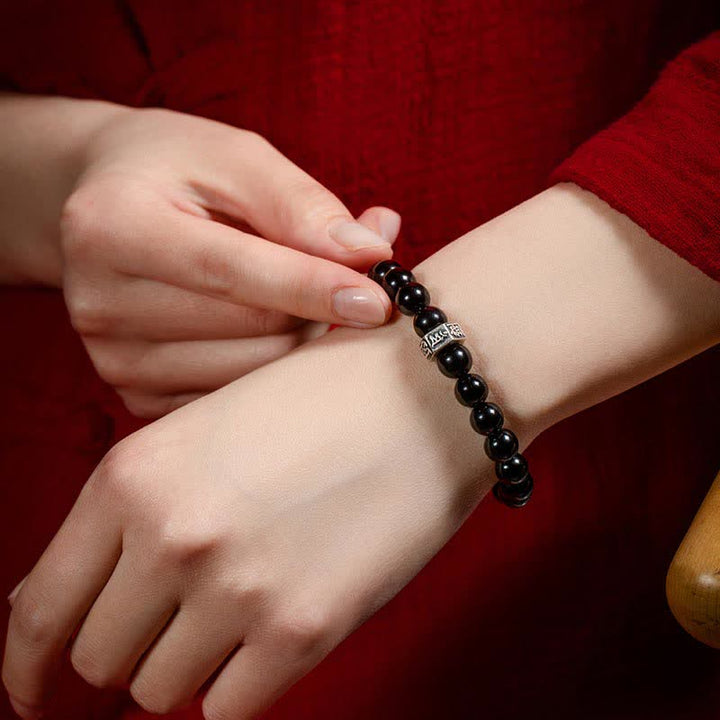 Pulsera de fuerza de piedra lunar de obsidiana negra de plata de ley 925 con Buda natal del zodíaco chino - image 4