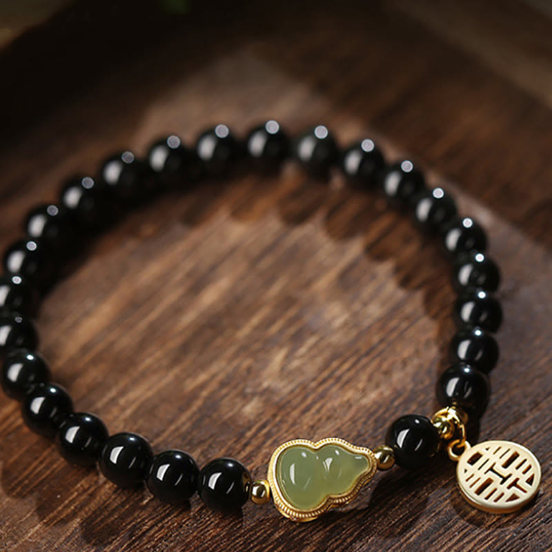 Pulsera de fuerza de doble felicidad con calabaza de jade hetiano de obsidiana negra natural