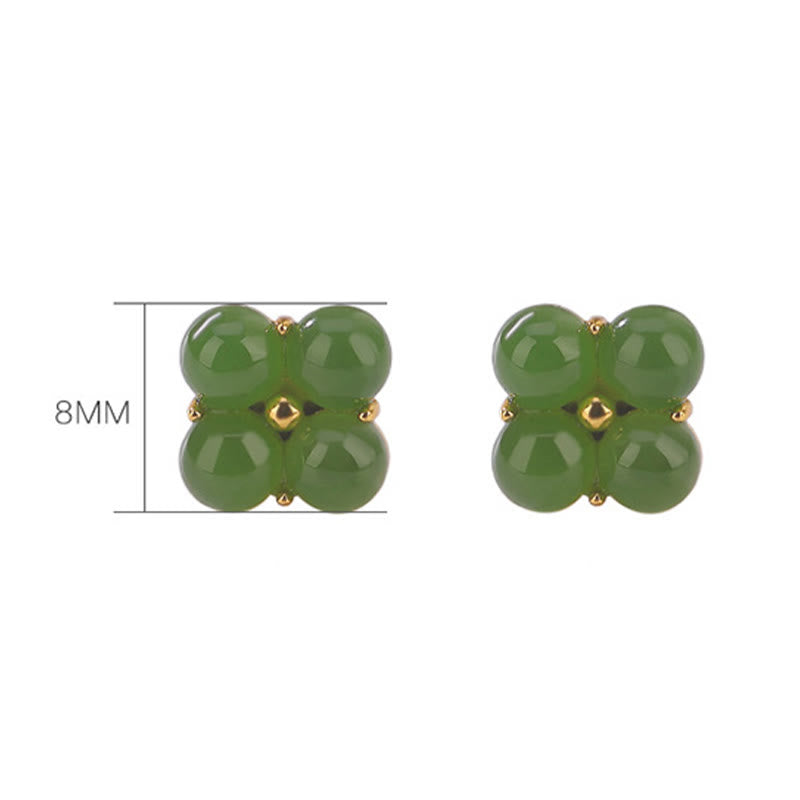 Pendientes de tuerca de la suerte con trébol de cuatro hojas de jade cian natural chapado en plata de ley 925 con Buddha Stones