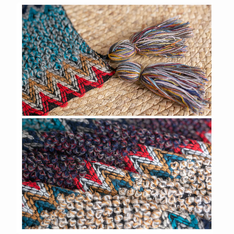 Mantón tibetano de Buddha Stones , bufanda cálida con borlas y patrón ondulado azul, Beige y rojo para invierno