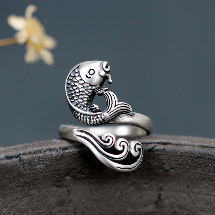 Anillo de plata de ley 925 con Buddha Stones , pez koi, ondulación de agua, suerte y riqueza