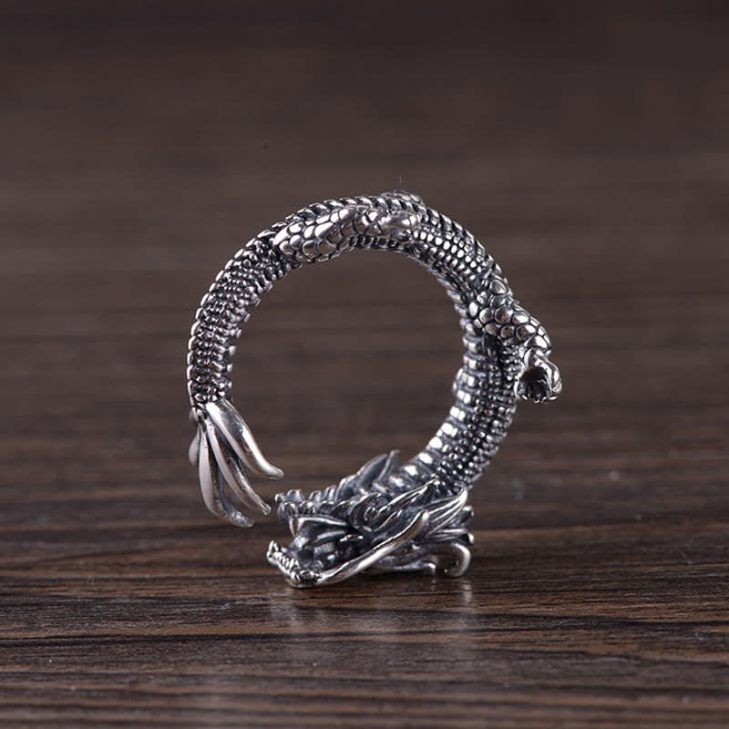 Anillo de protección de la suerte del dragón de plata de ley 925