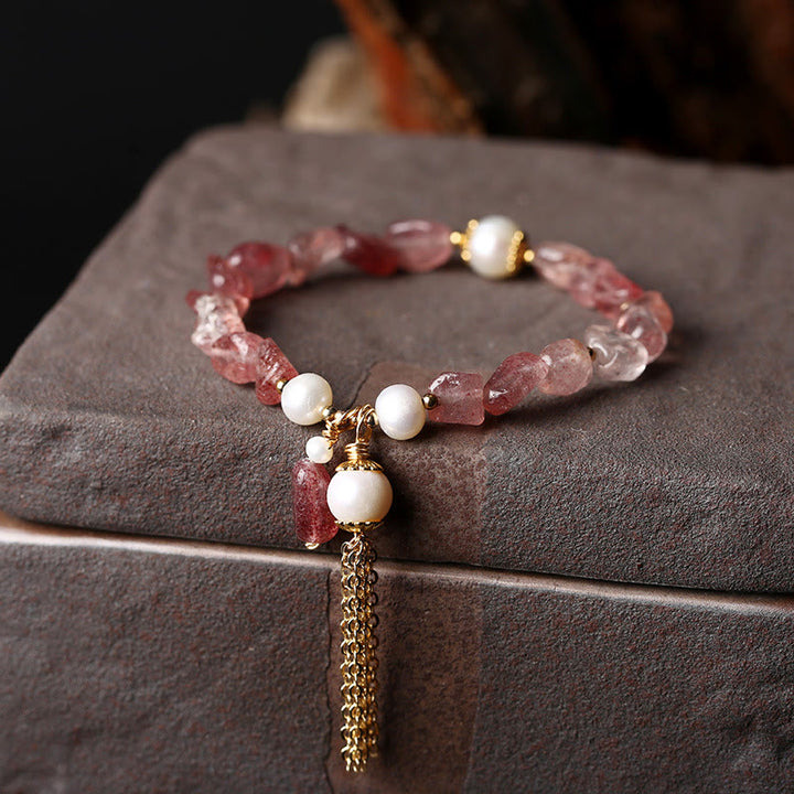 Pulsera curativa de amor chapada en oro de 14 quilates con perlas de cuarzo fresa natural