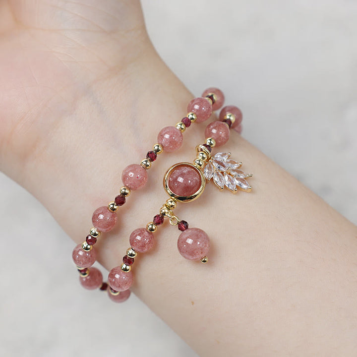 Pulsera de doble envoltura con dije de hoja de arce curativo de amor de cuarzo fresa natural