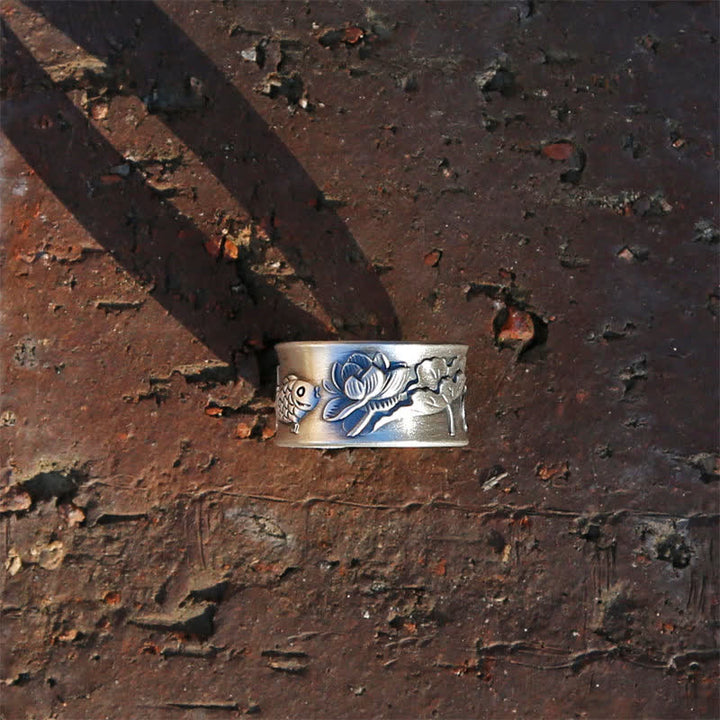 Anillo de plata de ley 999 con diseño de corazón de loto y pez koi de la suerte