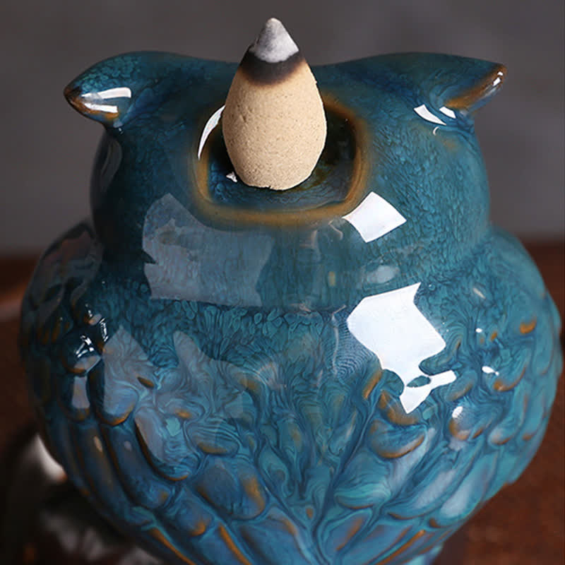 Quemador de incienso curativo para meditación, fuente de humo de reflujo de cerámica, búho bonito, decoración