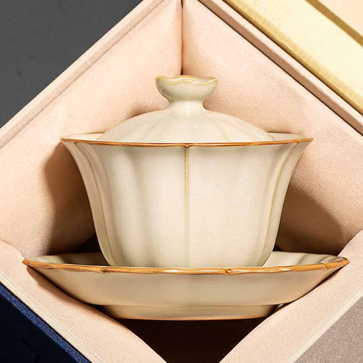 Buddha Stones, forma de flor de ciruelo Beige, rama de melocotón, taza de té de cerámica Gaiwan Sancai, taza de té de Kung Fu con tapa