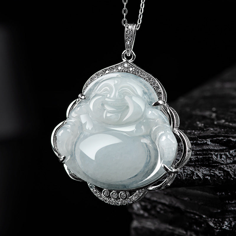 Collar con colgante de plata de ley 925 con Buddha Stones , diseño de Buda sonriente, jade natural - Jade (Prosperidad ♥ Abundancia) - image 1