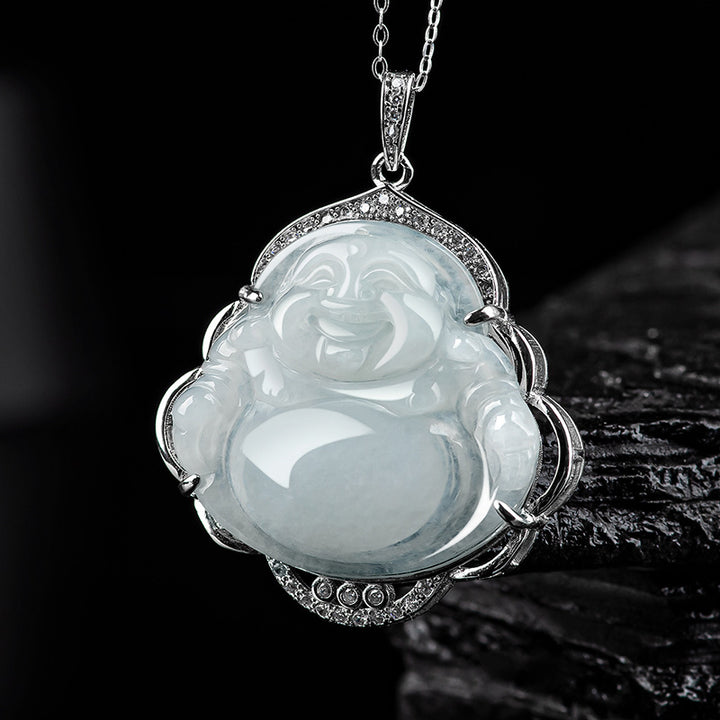 Collar con colgante de plata de ley 925 con Buddha Stones , diseño de Buda sonriente, jade natural - Jade (Prosperidad ♥ Abundancia) - image 1