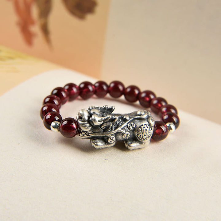 Buddha Stones Anillo de plata de ley 925 con piedra lunar granate natural, ágata roja, PiXiu