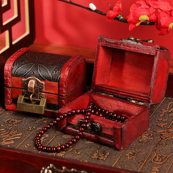 Caja de joyería de madera pequeña Retro con Buddha Stones , caja de almacenamiento de joyería con flor de hierba Narciso, moneda de cobre, uva dorada de loto