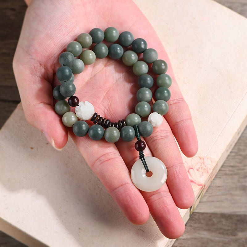 Pulsera de doble envoltura con hebilla de paz y jade de loto, semilla de Bodhi cian