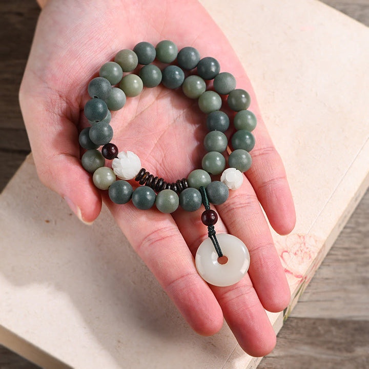 Pulsera de doble envoltura con hebilla de paz y jade de loto, semilla de Bodhi cian