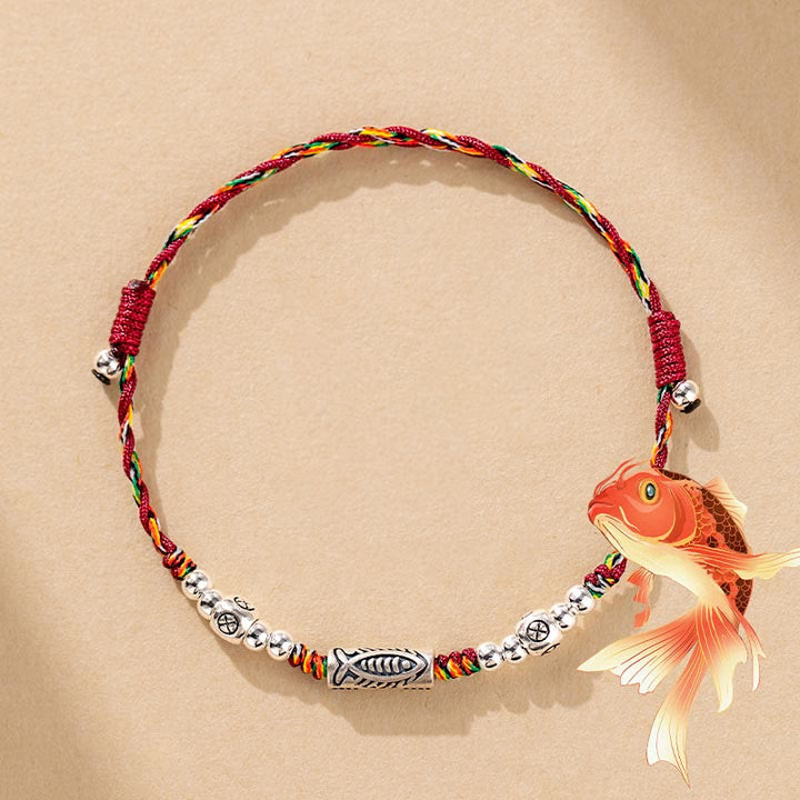 Pulsera tobillera de hilo colorido trenzado con pez Koi de la suerte de plata de ley 925 con Buddha Stones