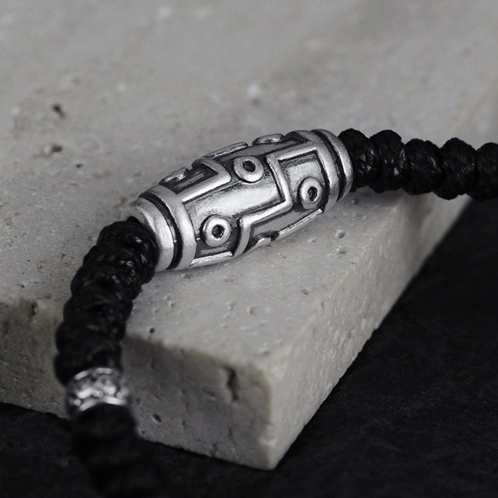 Pulsera de cuerda de bendición con patrón de cuentas Dzi de nueve ojos de plata de ley 999 con Buddha Stones