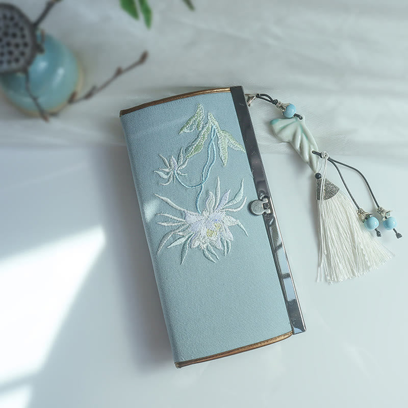 Monedero de compras con bordado de doble cara de bambú, flor de Buddha Stones , ciruela, flor de melocotón, tarjetero para efectivo de gran capacidad - Flor de Epiphyllum verde - image 0