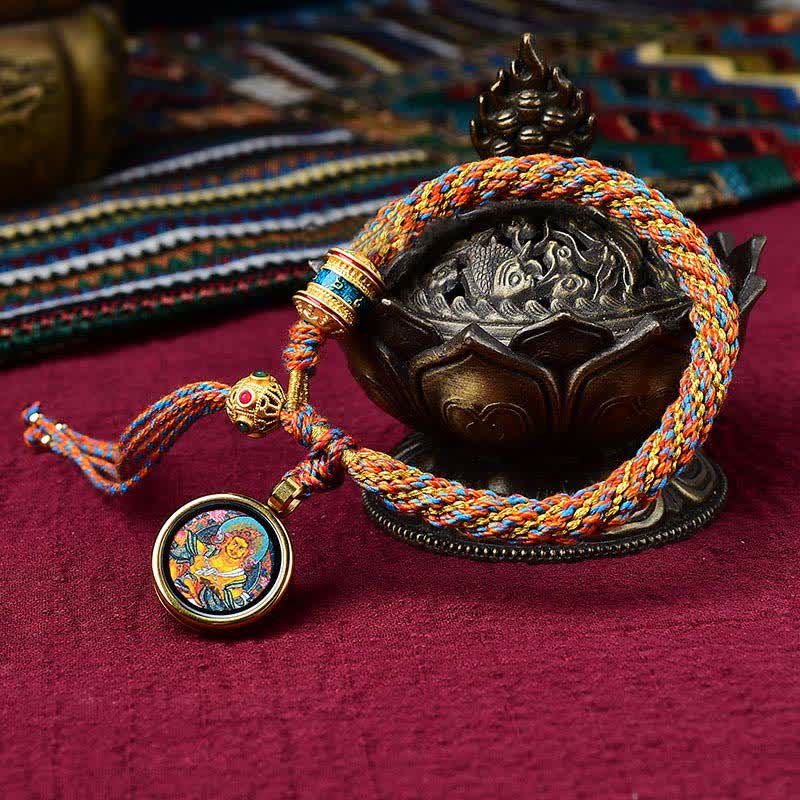 Pulsera de cuerda tejida con dije de rueda de oración Thangka de la suerte hecha a mano tibetana con Buddha Stones