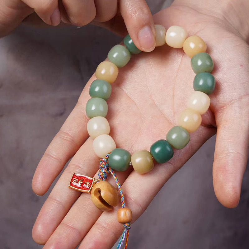 Pulsera con dije de tambor de pez de madera con semillas de Bodhi, gradiente Natural, Buddha Stones