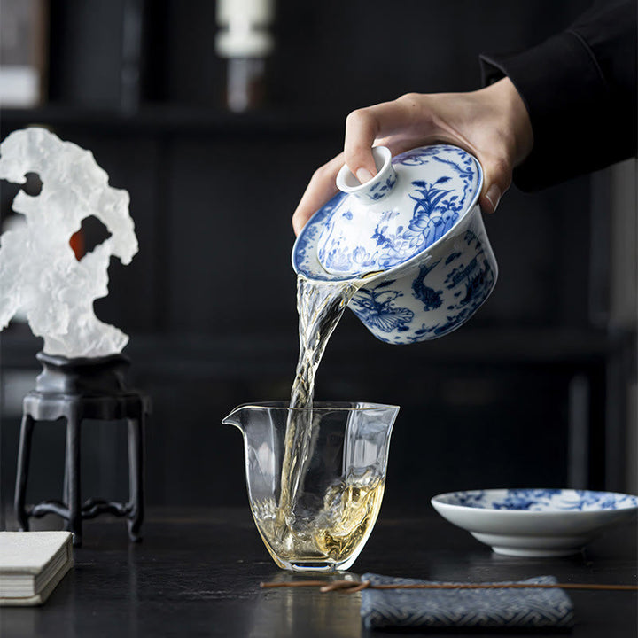 Buddha Stones Porcelana Azul Y Blanca Loto Pez Koi Danza Del León Sandía Cerámica Gaiwan Sancai Taza De Té Kung Fu Taza De Té Y Platillo Con Tapa 300ml