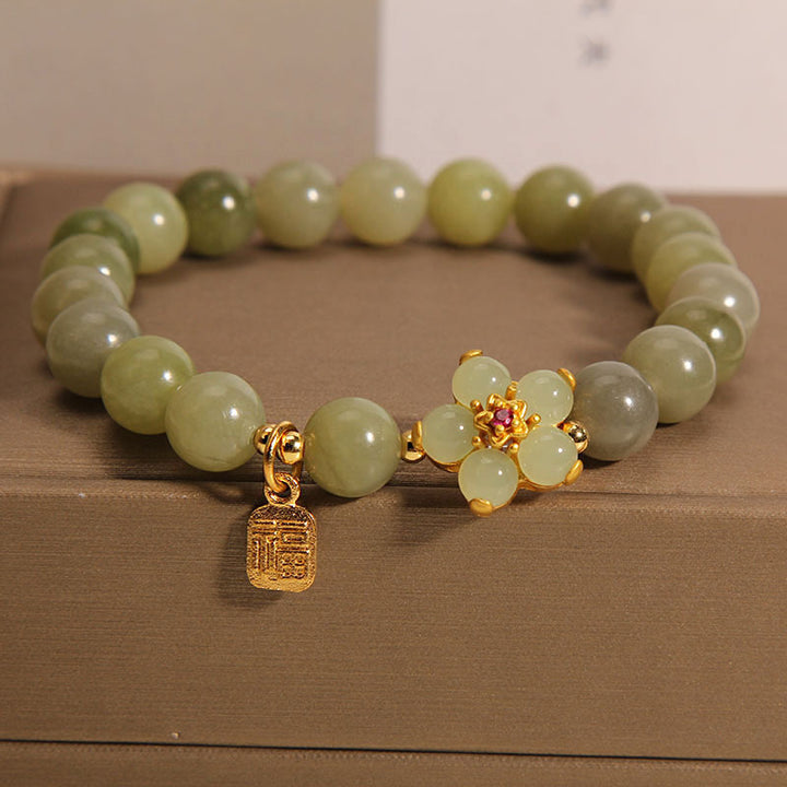 Pulsera de la suerte con dije de personaje Fu de flor de jade verde con Buddha Stones