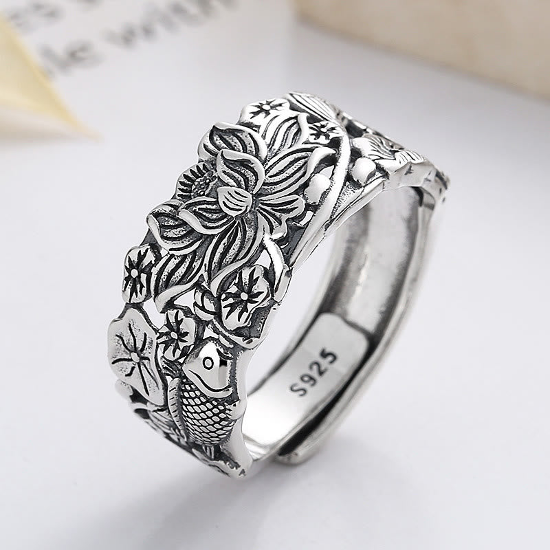 Anillo de prosperidad de flor de loto con pez koi de plata de ley 925 con Buddha Stones