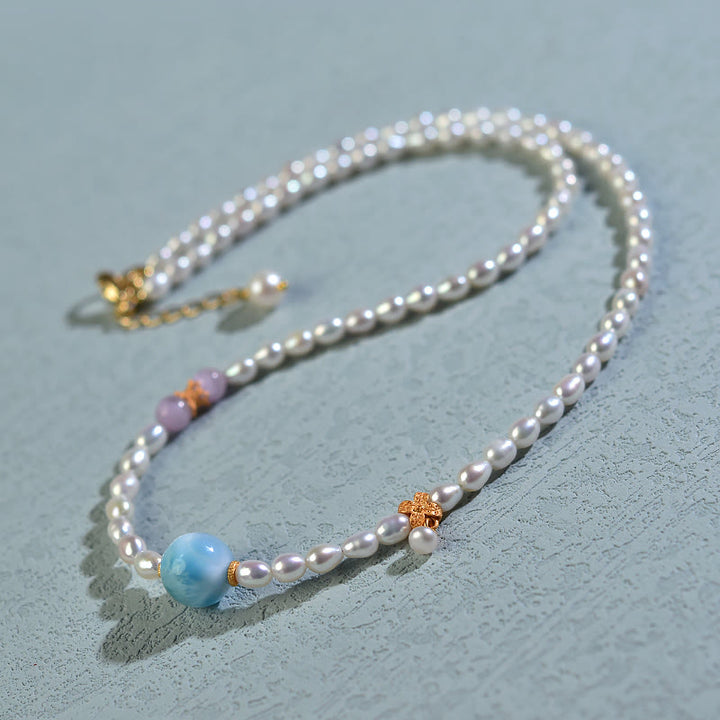 Colgante de collar de sinceridad de Larimar con perlas naturales de plata de ley 925 con Buddha Stones