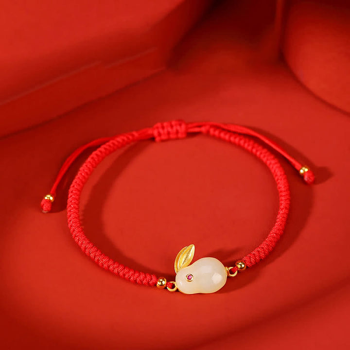 Pulsera de protección con hilo rojo de la suerte de jade blanco hetiano del año del conejo de plata de ley 925 con Buddha Stones