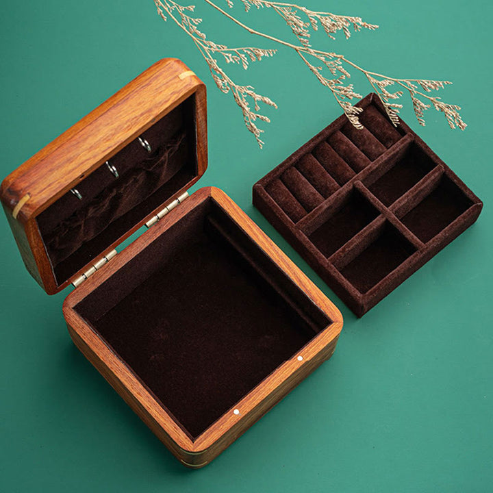 Caja organizadora de regalo de madera, caja de almacenamiento de joyería de palisandro hecha a mano con hoja de flor antigua