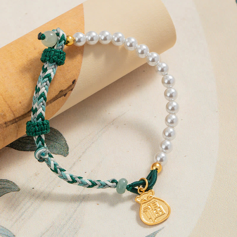 Pulsera de cuerda de sabiduría de jade hetiano con perlas de la suerte y carácter Fu de plata de ley 925 con Buddha Stones