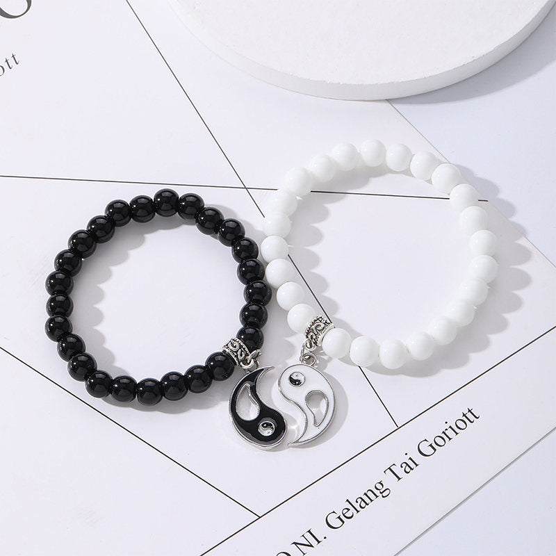 Buddha Stones 2 uds. Pulsera de pareja de protección Yin Yang con cuentas de turquesa blanca y ónix negro - image 6