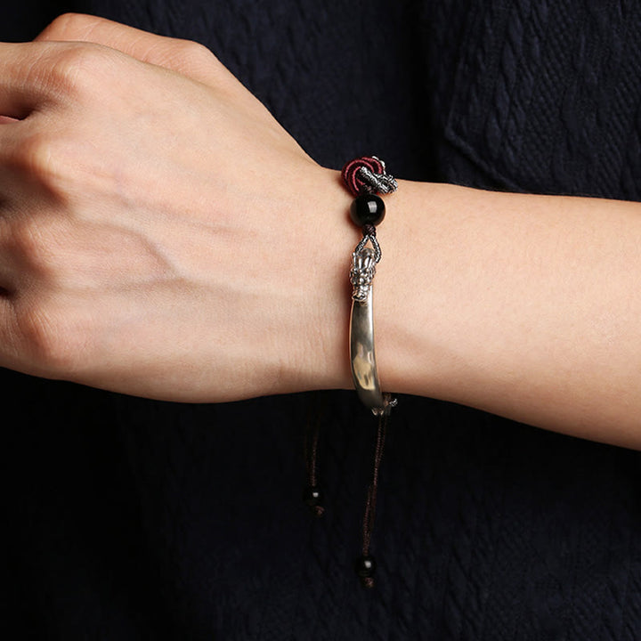 Pulsera trenzada hecha a mano con diseño de dragón auspicioso de plata de ley 925 con Buddha Stones