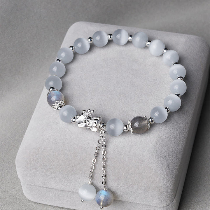 Pulsera de soporte PiXiu de cuarzo fresa, piedra lunar, ojo de gato natural, Buddha Stones