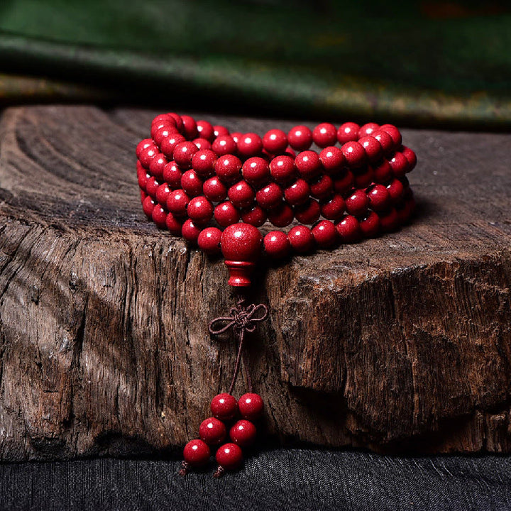 Buddha Stones 108 cuentas Mala cinabrio Om Mani Padme Hum patrón grabado pulsera de bendición