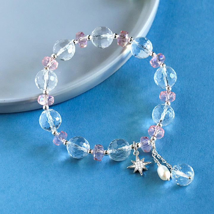 Pulsera con dije de estrella de protección de cristal rosa y cristal blanco con Buddha Stones