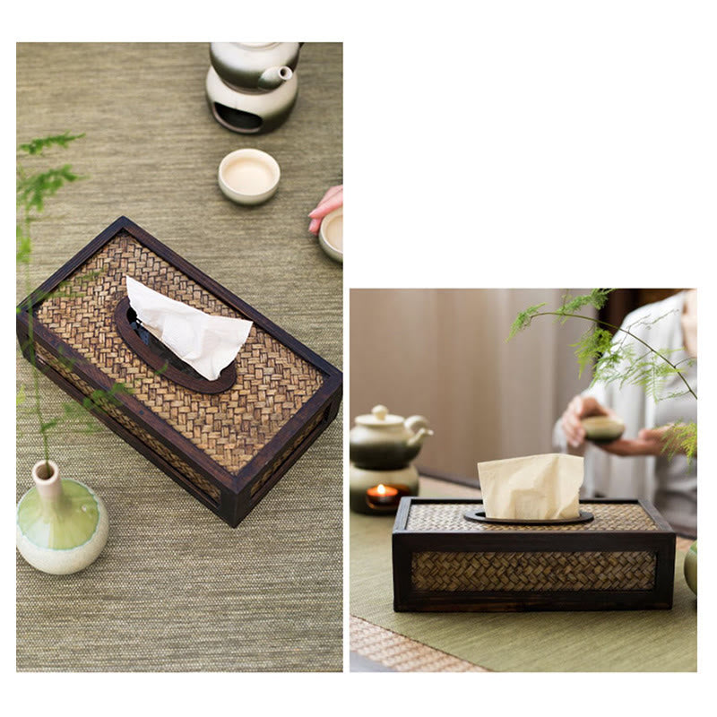 Caja de pañuelos de madera tejida de bambú hecha a mano, soporte de madera para pañuelos, cajas de toallitas, decoración
