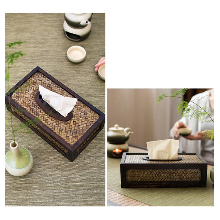 Caja de pañuelos de madera tejida de bambú hecha a mano, soporte de madera para pañuelos, cajas de toallitas, decoración