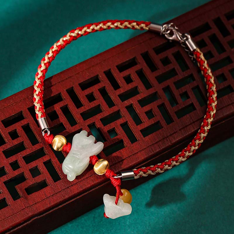 Tobillera con pulsera de hilo rojo de prosperidad de Jade del zodíaco chino con Buddha Stones