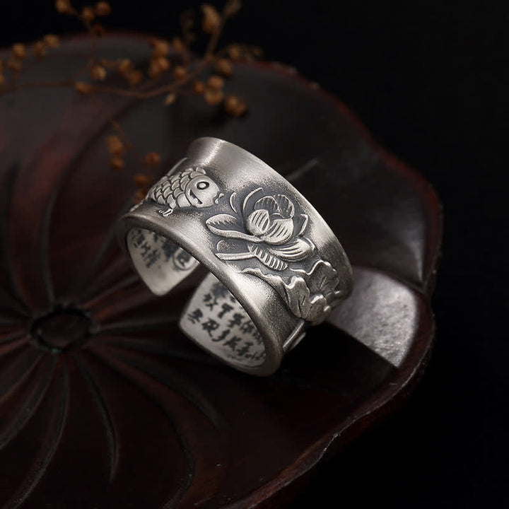 Anillo de plata de ley 999 con diseño de corazón de loto y pez koi de la suerte