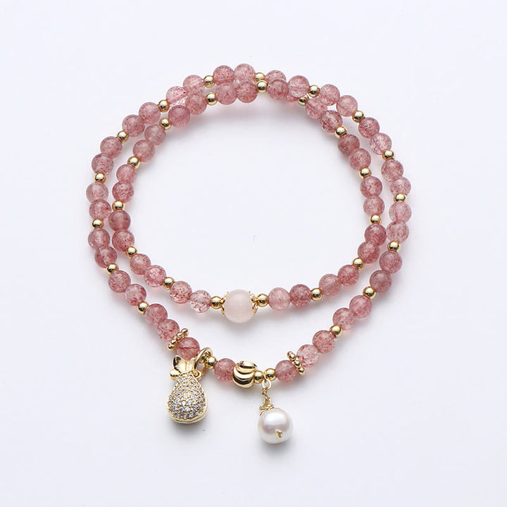 Pulsera de doble envoltura con dije positivo para bolsa de dinero de cuarzo fresa con Buddha Stones