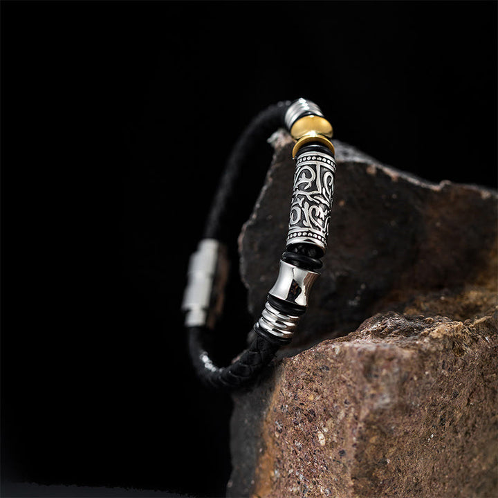 Pulsera de cuero con hebilla de acero inoxidable de la suerte con diseño de flores de la dinastía Tang de Buddha Stones