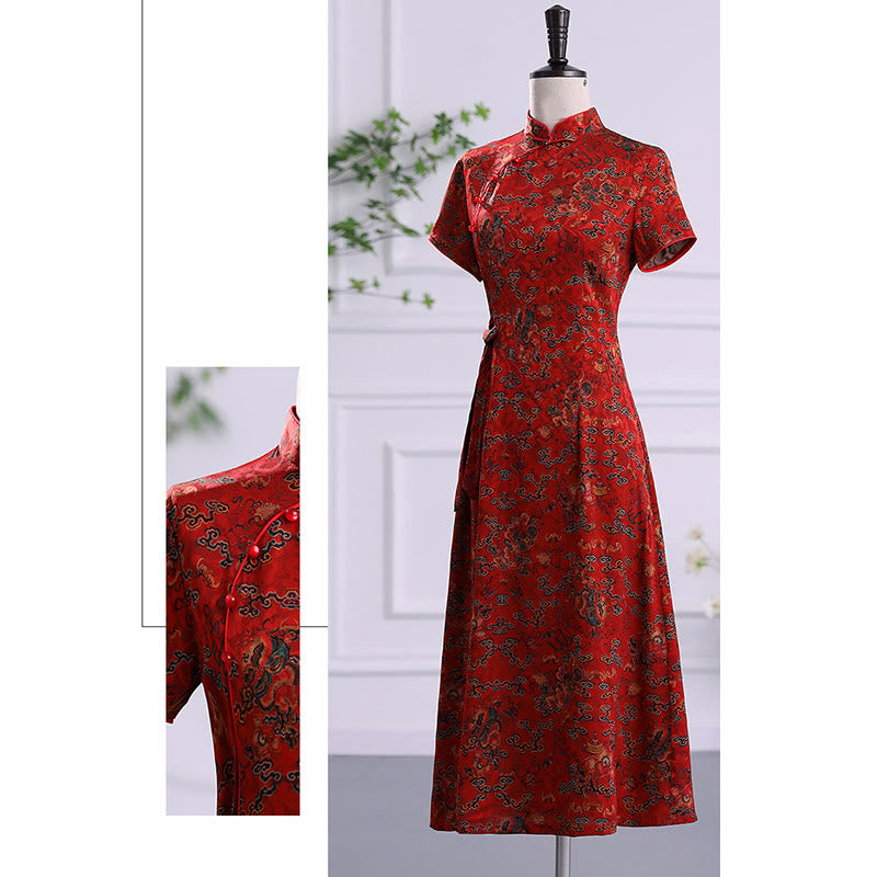 Vestido Cheongsam con estampado de hojas y nubes propicias vintage de Buddha Stones vestido Qipao para mujer - image 9