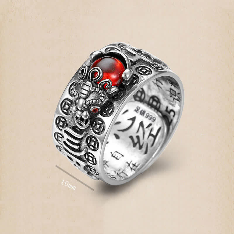 Anillo de riqueza Sutra con corazón de granate rojo FengShui PiXiu de Buddha Stones