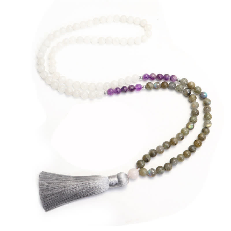 Pulsera de protección de piedra con brillo negro, 108 cuentas Mala, ágata blanca, amatista