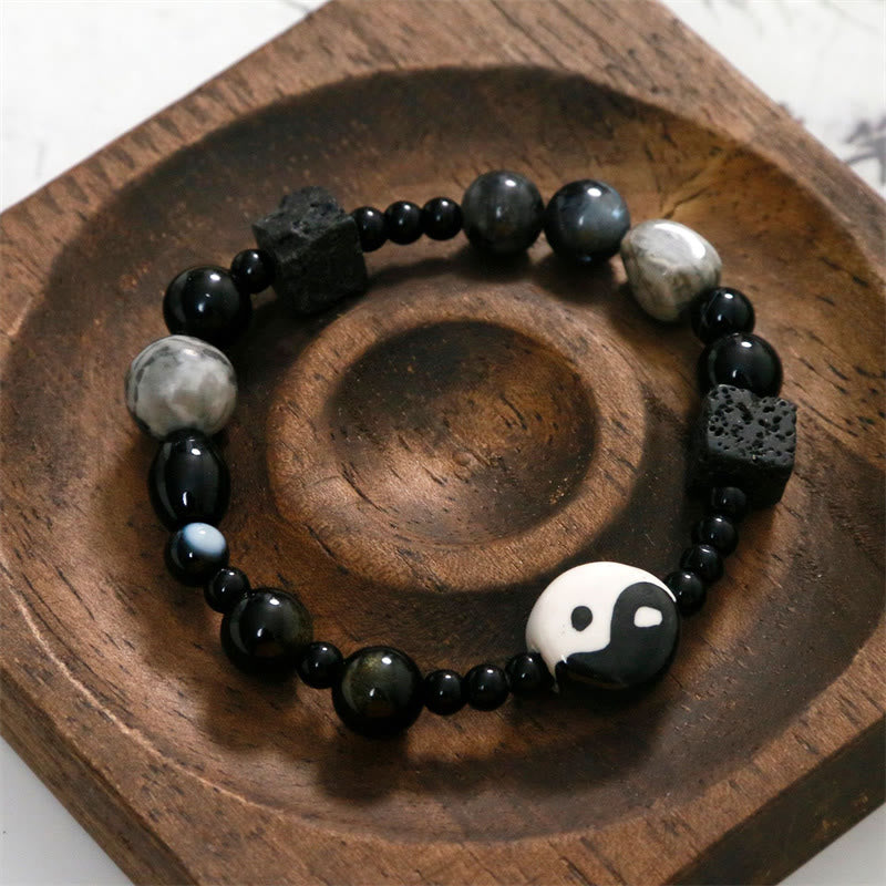 Pulsera de protección de la fortuna Yin Yang con cuentas de jaspe Picasso de ónix negro y Buddha Stones